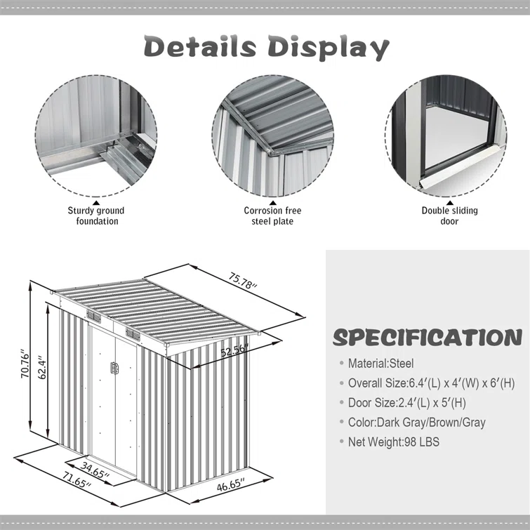 Outdoor 6 ft. 4 in. W x 4 ft 5 in. D Metal Storage Shed