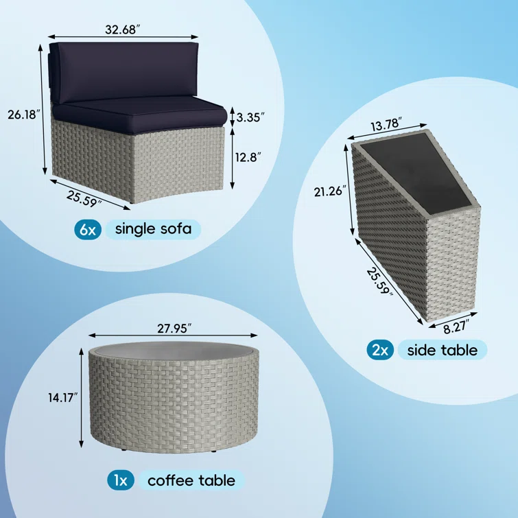 Meredithe Half-Moon 6 - Person Fully Assembled Curved Patio Conversation Set With Coffee Table & Side Table