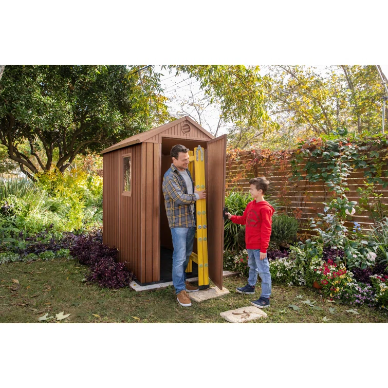 Keter Darwin 4x6 ft. Durable Resin Outdoor Storage Shed With Floor and Double Doors for Garden Patio Furniture and Tools, Brown