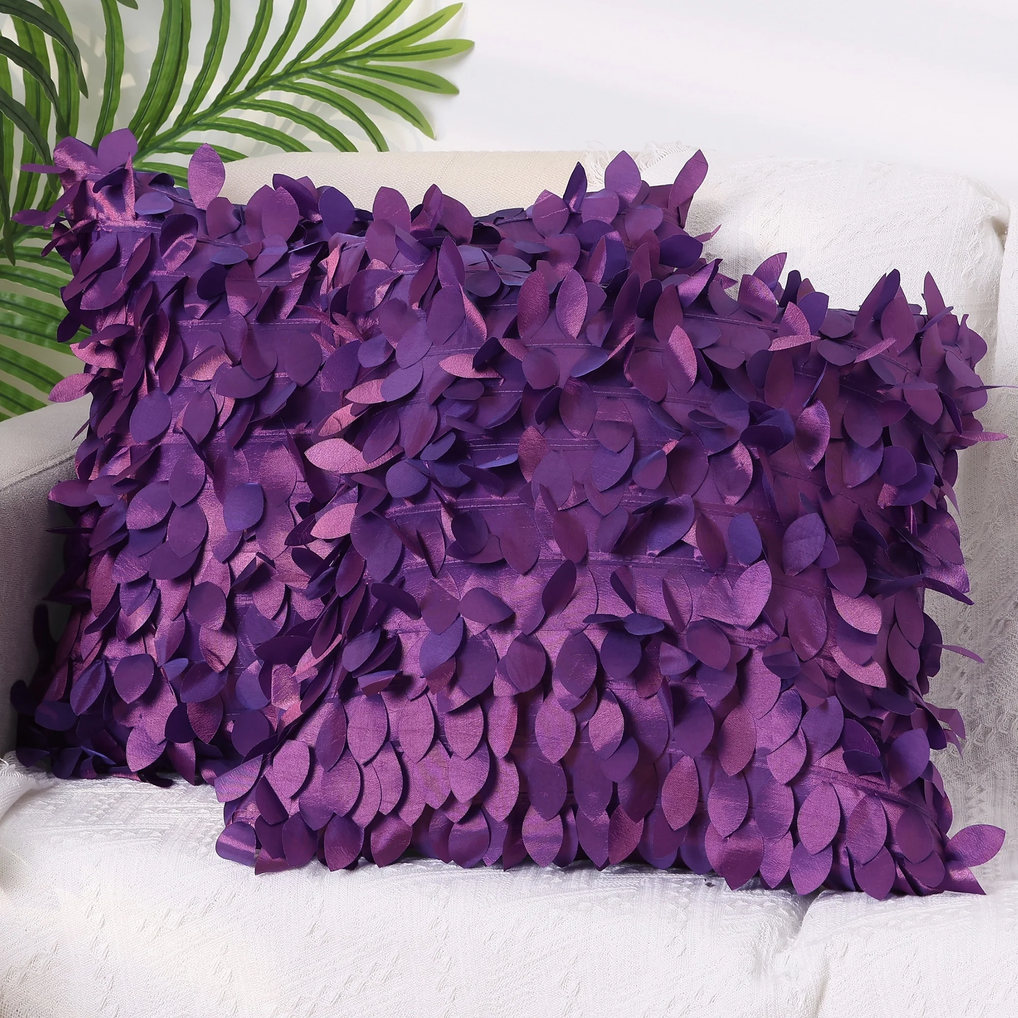2 Pack Solid Color Throw Pillow Cover, 3D Sequins Leaf Cushion Covers
