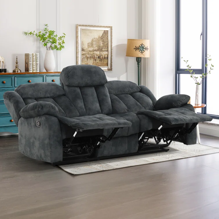 Oxier 84'' Wide Short Plush Fabric Cushion Back Manual Reclining Sofa with Skin-Friendly Upholstery