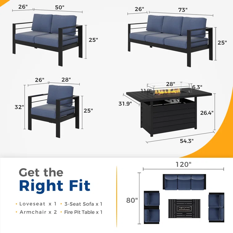 Brandtley 7 - Person Sofa Seating Group with Cushions and Fire Pit Table