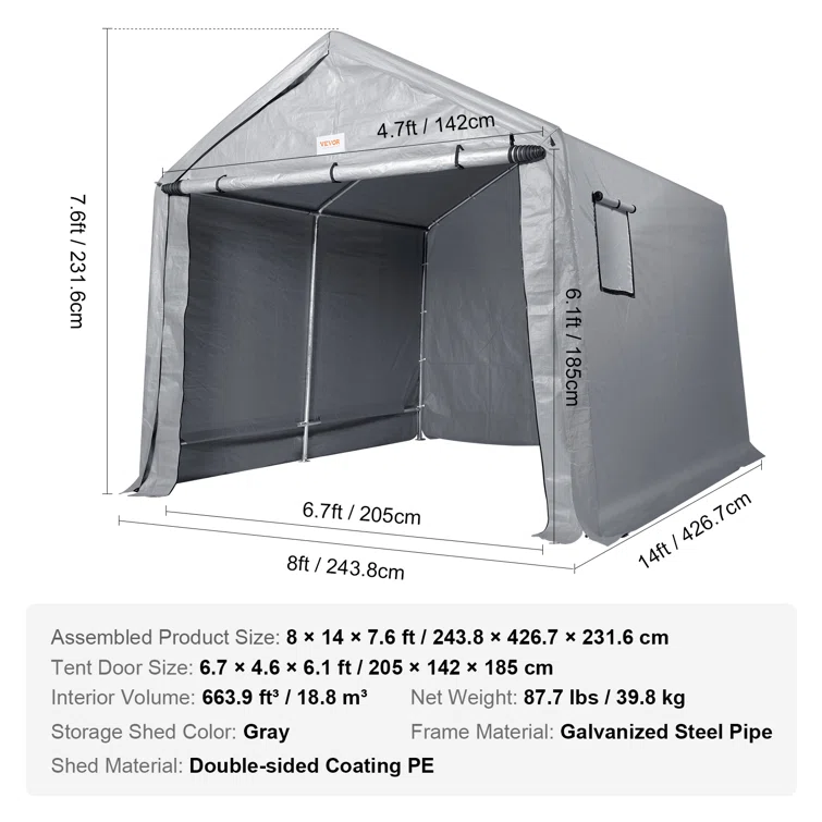 Waterproof Heavy Duty 8 ft. W x 14 ft. D Polyethylene Portable Storage Shed