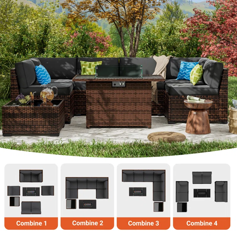 Rikuto 6-Person Slanted-Back Sectional Sofa With Fire Pit Table, Coffee Table