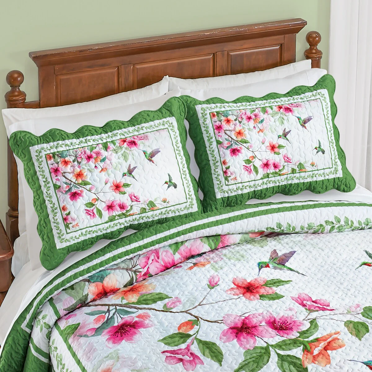 Vibrant Hummingbird Floral Scalloped Edge Pillow Sham Set