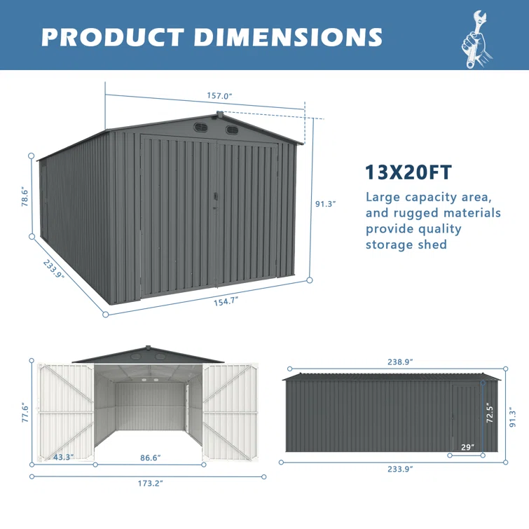 Momie 13 ft. W X 20 ft. D Metal Storage Shed Garage Shed