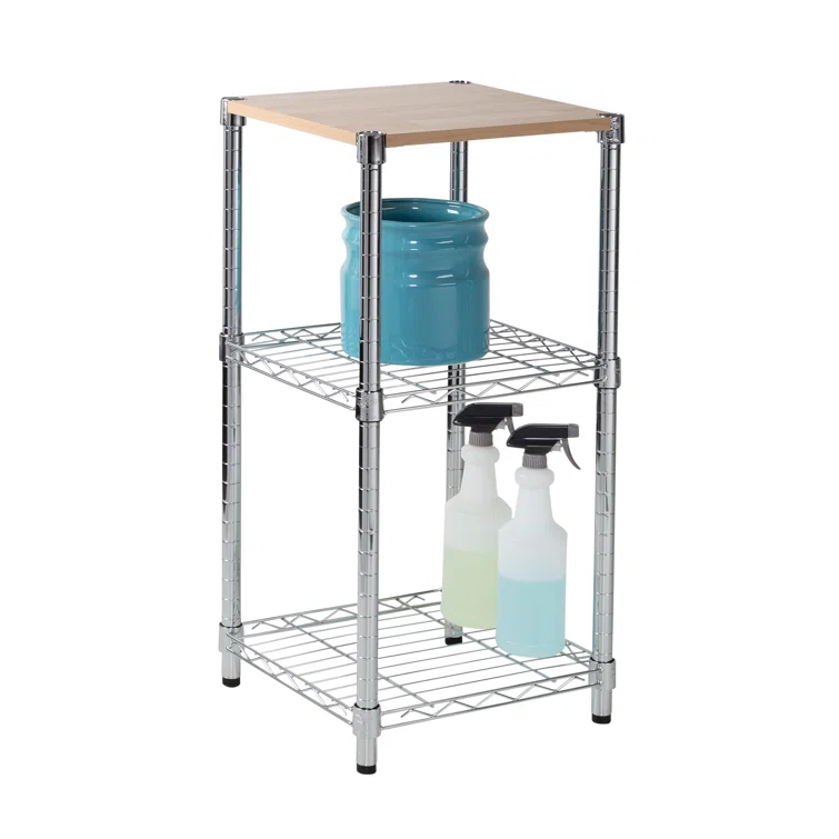 3-Tier Steel Shelving Unit with Laminate Wood Top (15" W X 30" H X 14" D)