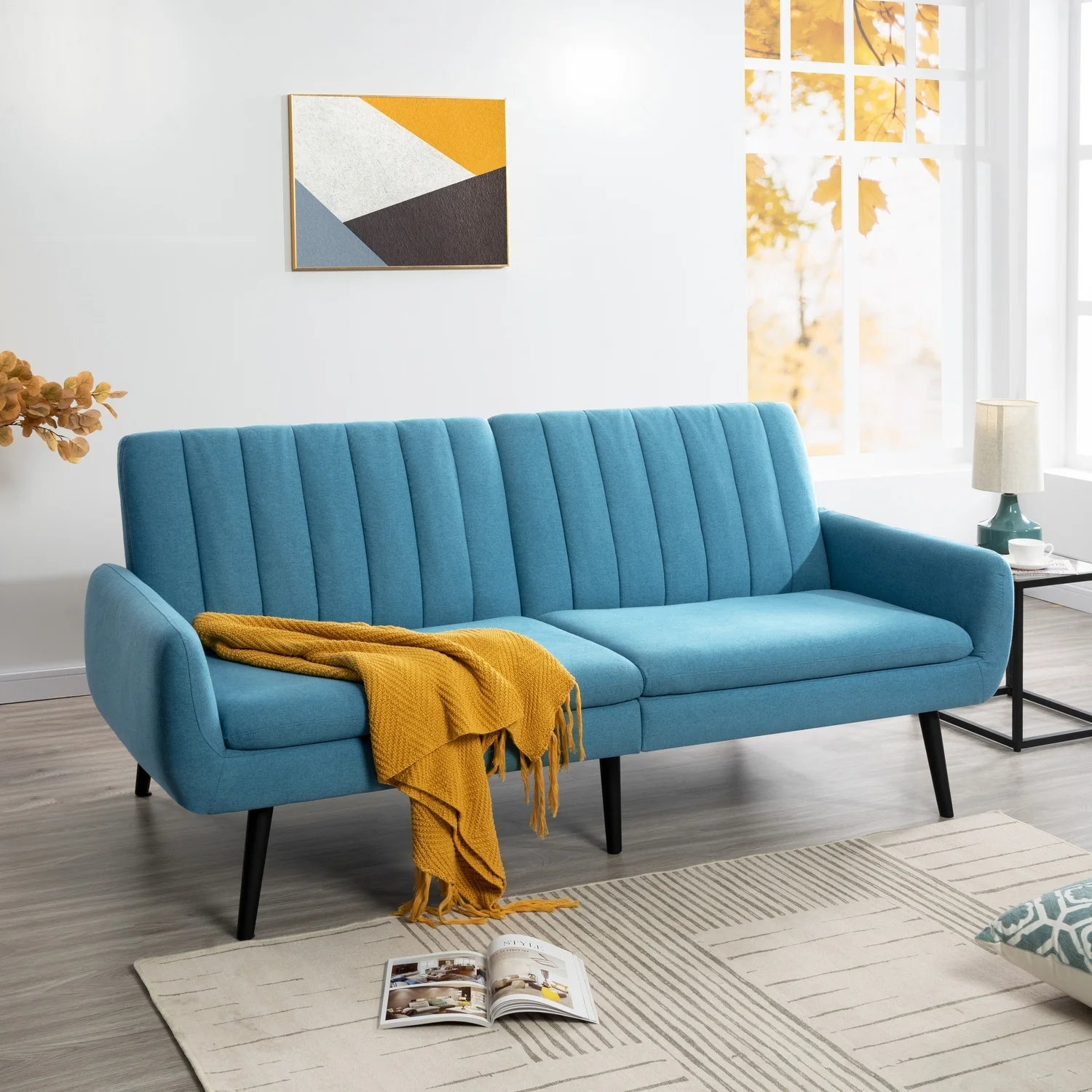 Modern Futon Sofa Bed, Convertible Sofa Futon, Split Back Linen Sleeper Couch for Living Room