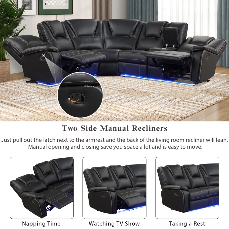 Yaniah Manual Reclining Sectional Sofa Set with LED Strips and Cup Holders