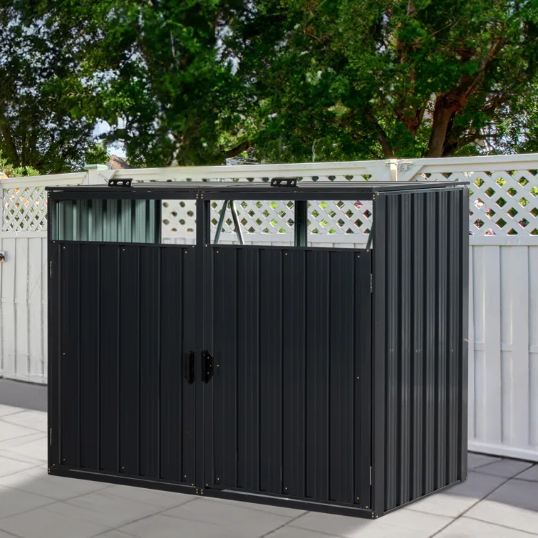Metal Outdoor Garbage Bin Shed for 2 Trash Cans Black Stainless Galvanized Steel