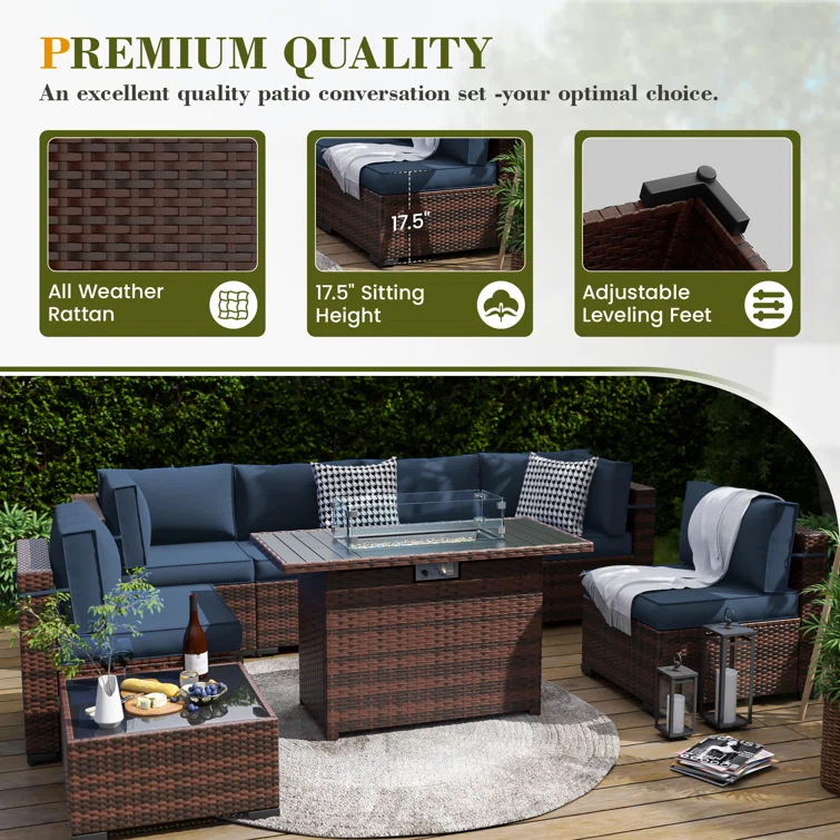 Romanas 8 Piece Patio Conversation Sets With Fire Pit Table