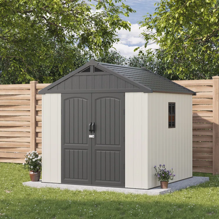 8 Ft. W X 8 Ft. D Plastic Storage Shed With Floor, Resin Shed With Reinforced Steel Structure, Beige