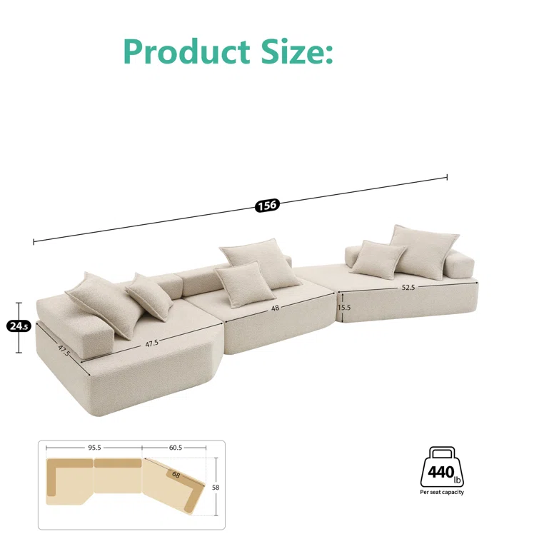 Luxury Oversized Modular Boucle Sofa Set, Convertible Sleeper Couch, Foam-filled Sofa Bed, 3-piece Free Combination For Living Room