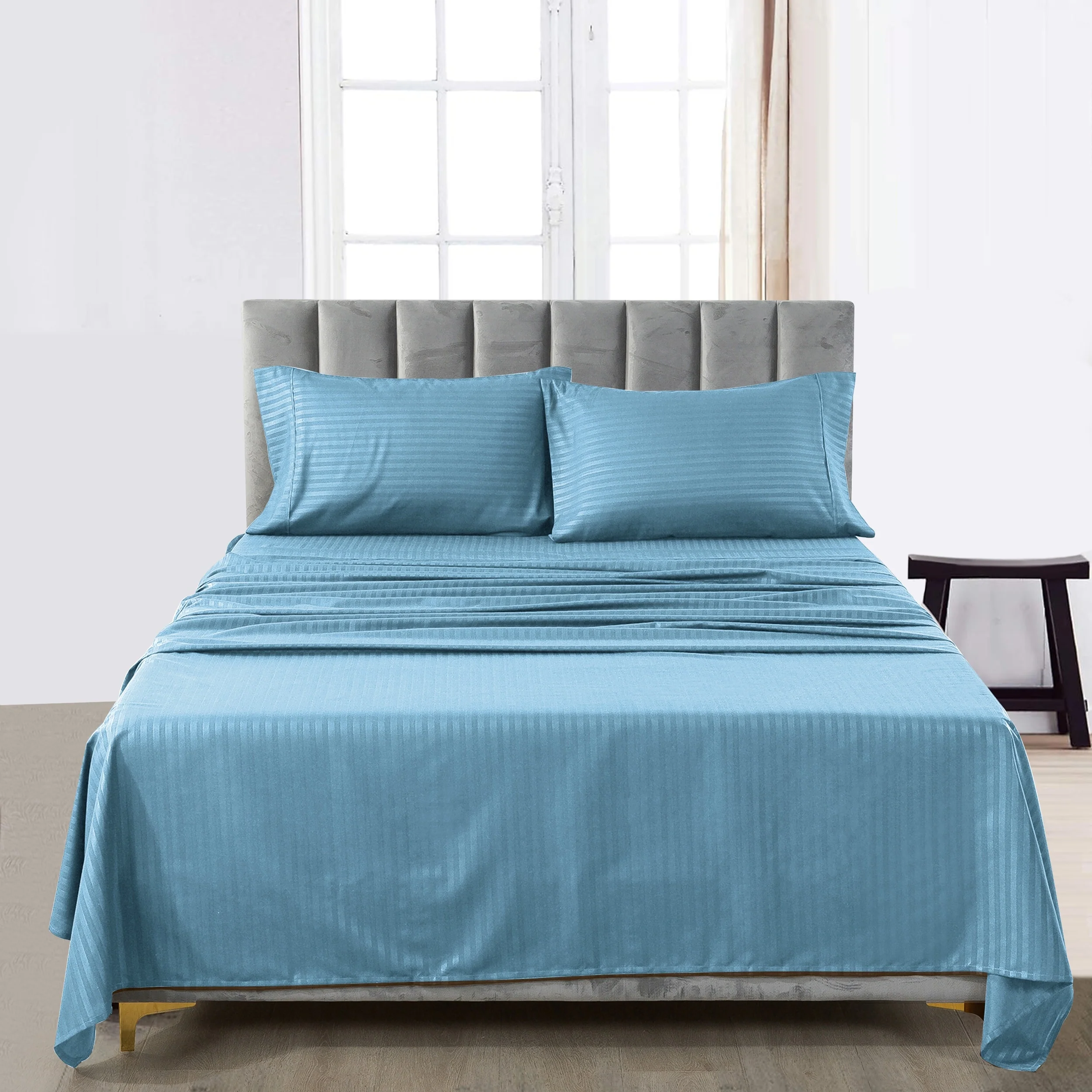 Bed Sheet Set Striped 4 Piece Ultra Soft Deep Pocket Microfiber Sheets