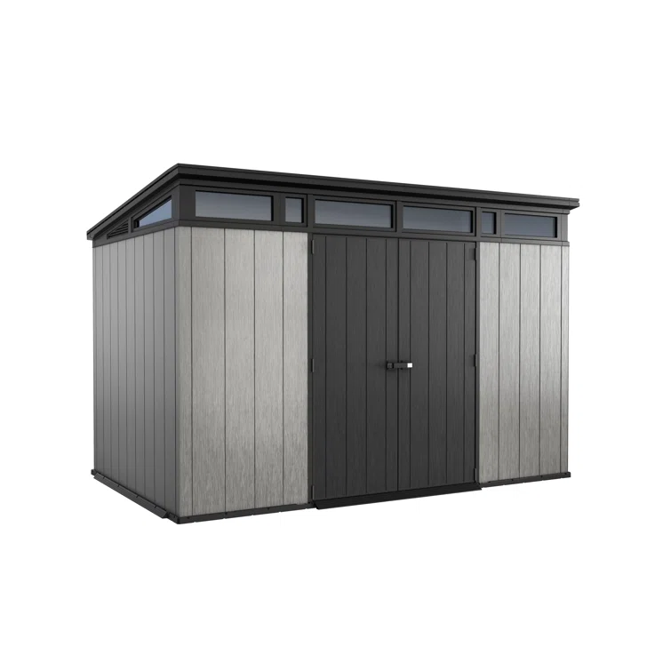 Keter Artisan 11x7 ft. Modern Durable Resin Outdoor Storage Shed With Floor and Double Doors for Garden Patio Furniture and Tools, Grey