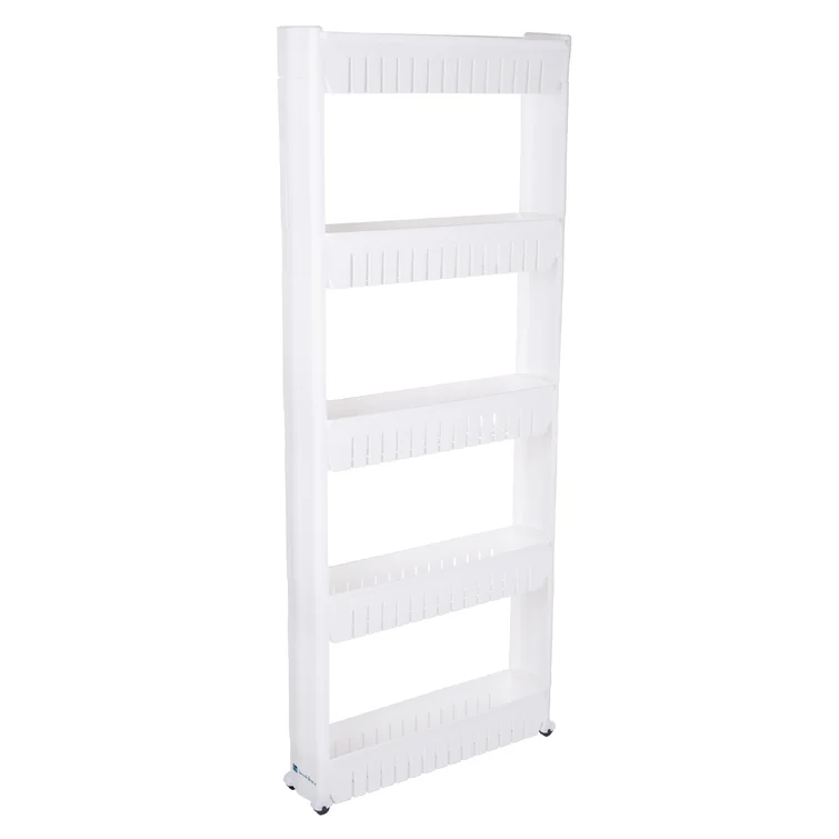 Newcastle 5-Tier Pantry Storage Rack - White Slide-Out Rolling Cart With Baskets for Narrow Spaces
