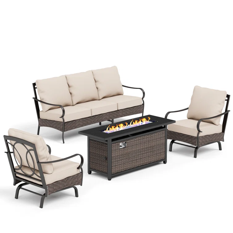 Tapasi 5-7 Person Front Porch Furniture Sets with Fire Pit Table & Rocking Lounge Chairs
