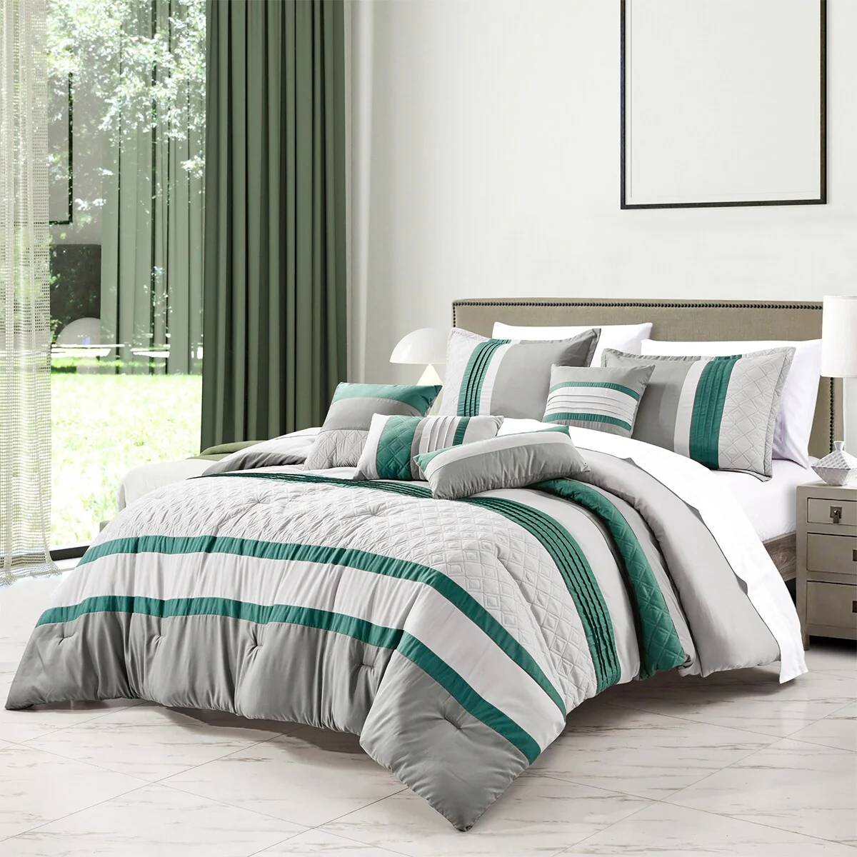 Wellco Bedding Comforter Set Bed In A Bag - 7 Piece Luxury Bedding Sets - Oversized Bedroom Comforters, Green