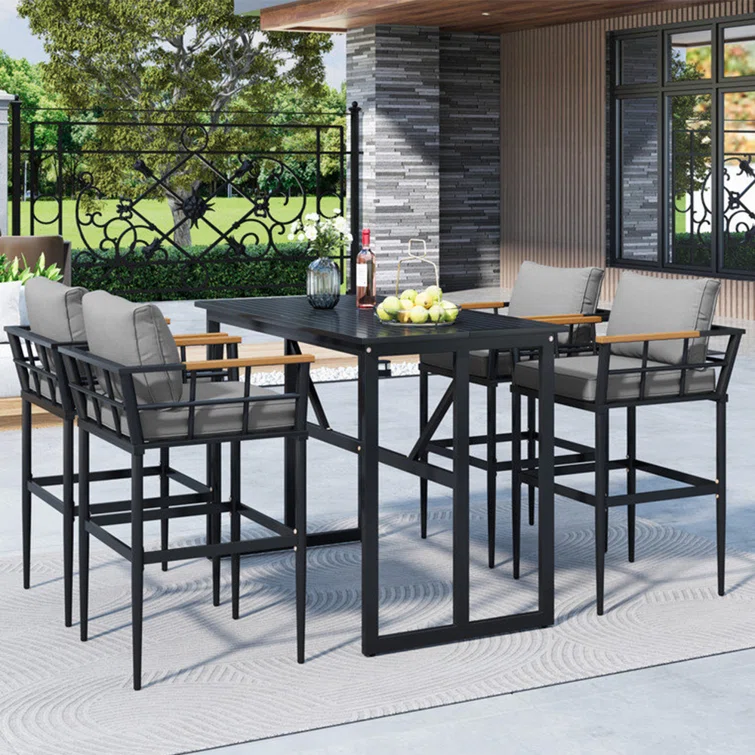 Zakis 5-Piece Outdoor Steel Dining Set with 4 Chairs, Patio Counter-height Bar Set, Cushions