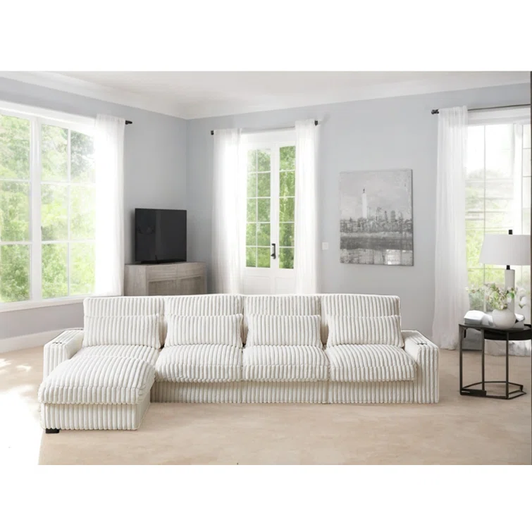L-shaped Corduroy Sofa With USB Port, T-pyce Port, Movable Footrest, Cup Holder, And Cushions