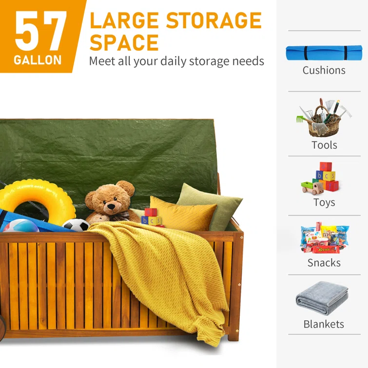 Winado 57 Gallon Acacia Wooden Patio Storage Deck Box with Water-Resistant Inner Bag