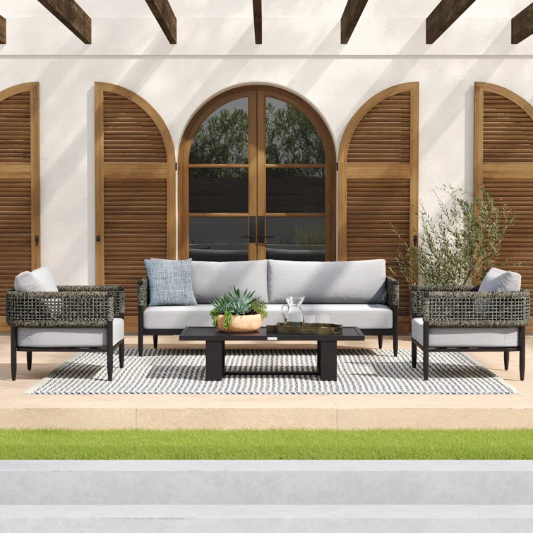 Scotia 4 Piece Outdoor Conversation Set in Black Aluminum and Rope with Light Gray Fabric Cushions