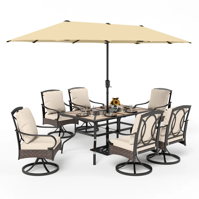 Alyah 6 - Person Rectangular Outdoor Dining Set with Swivel Chairs & Thick Cushions