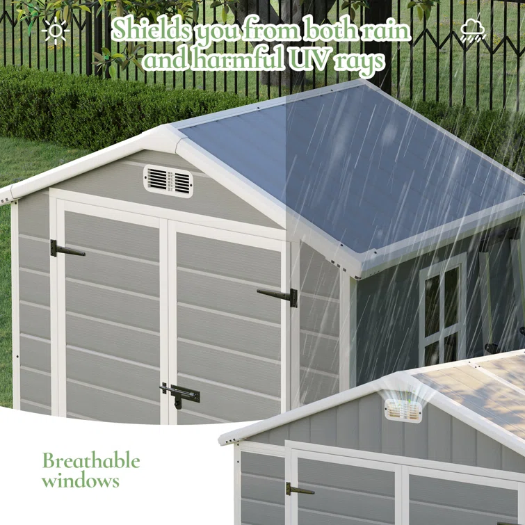 Resin Storage Shed with Floor, Tool Shed Outdoor Storage with Vents, Window, and Stainless Steel Cores, for Lawnmowers/ Bicycles/ Pool Supplies
