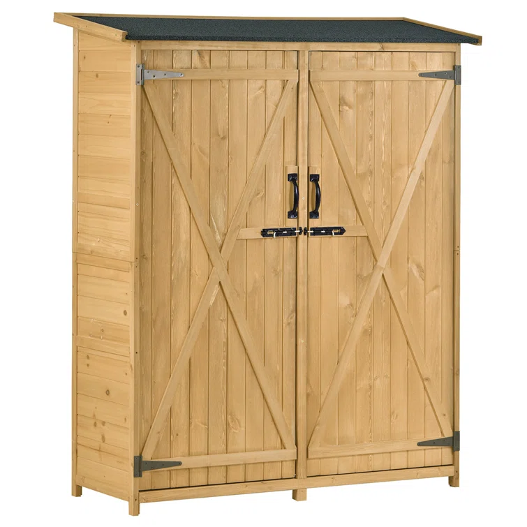 Outdoor Storage Cabinet, Wood Garden Shed, Lockable Doors & Asphalt Roof, 3-tier Shelves