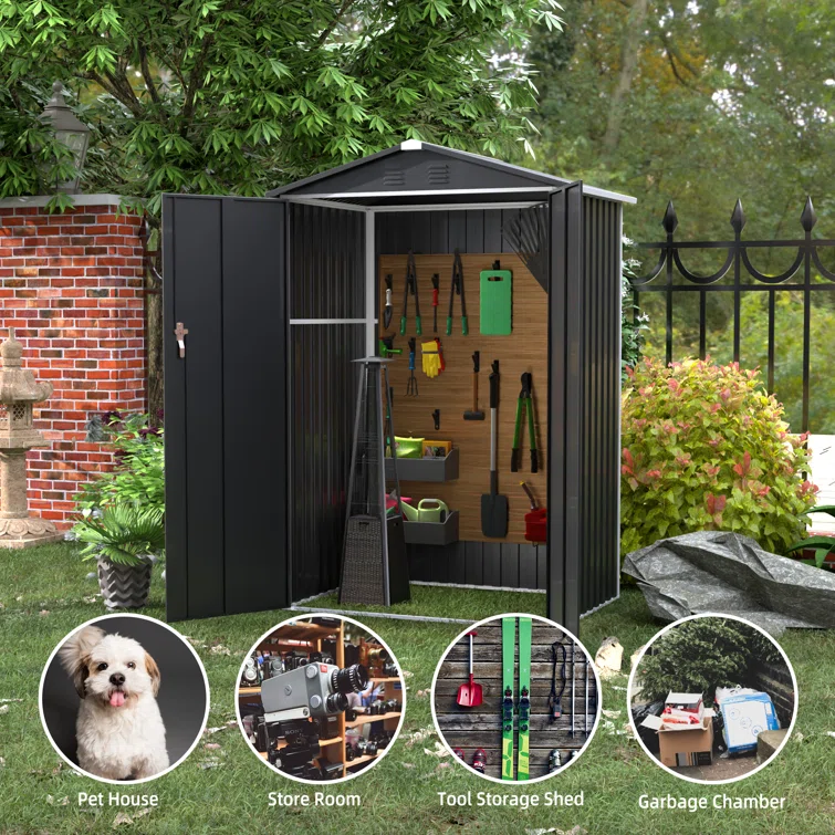 4 ft. W x 3 ft. D Galvanized Steel Tool Shed, Black Outdoor Metal Shed With Lockable Handles