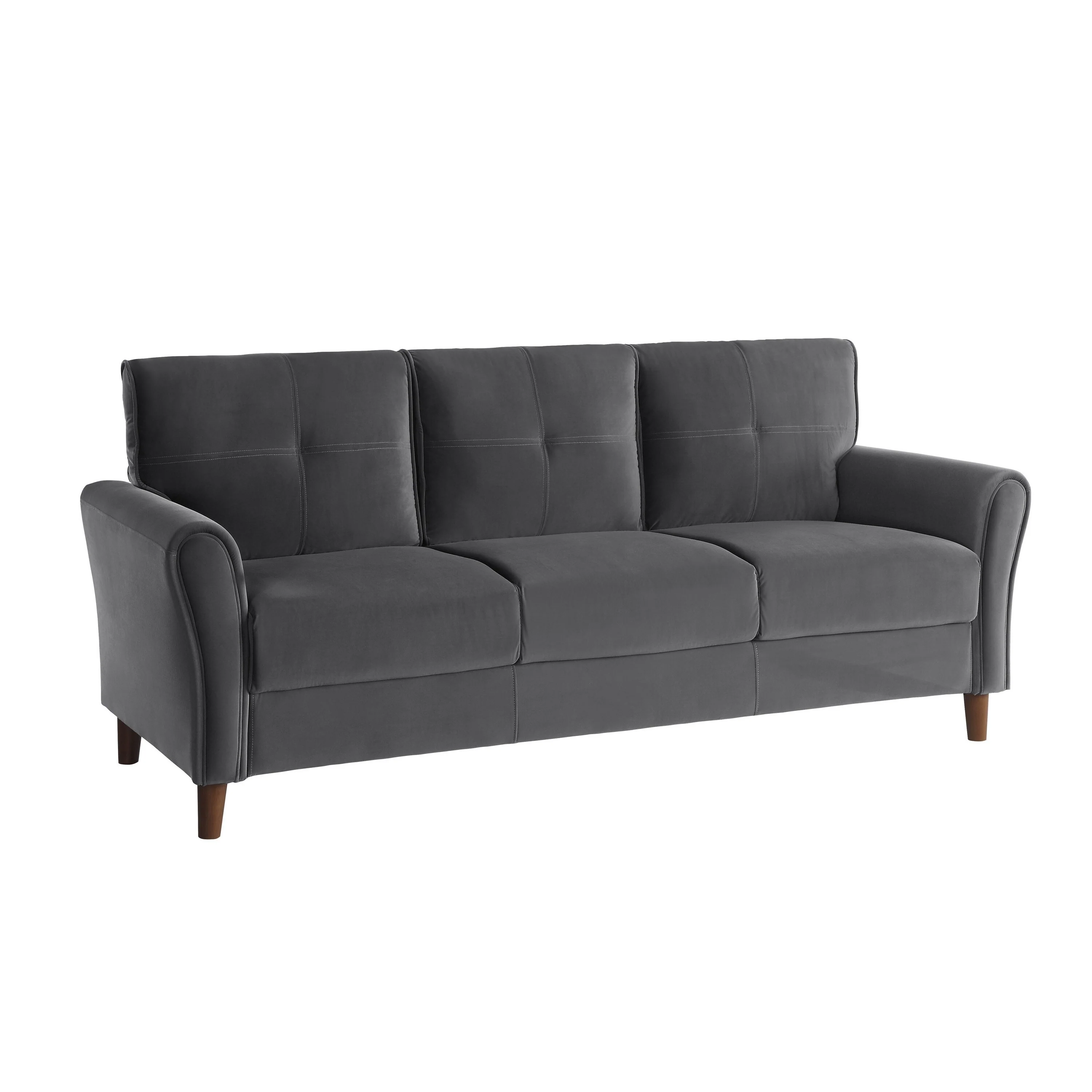Sarah 80 Inch Sofa, Gray Velvet, Stitch Tufting, Reversible Cushions