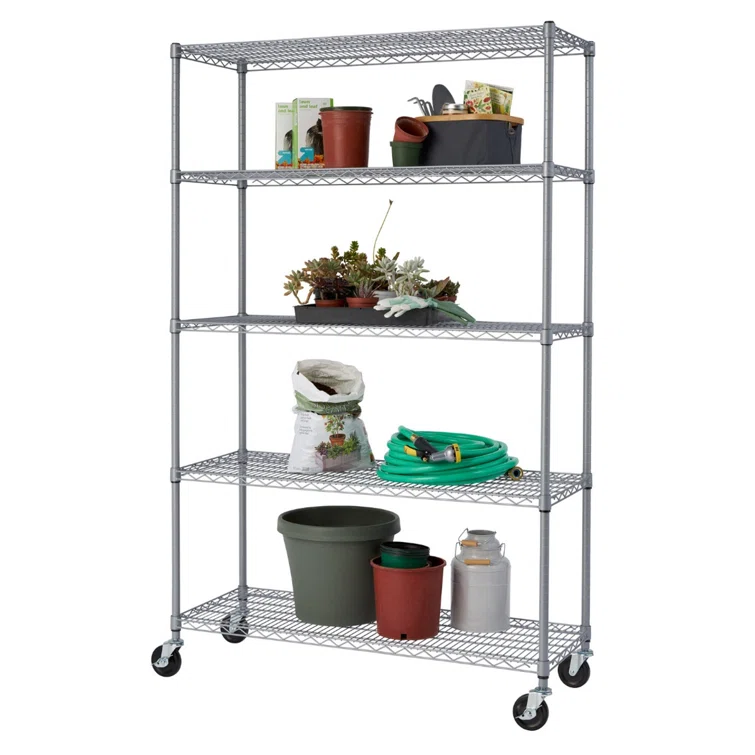 48" W x 18" D x 72" H 5 Tier Outdoor Wire Shelving with Wheels
