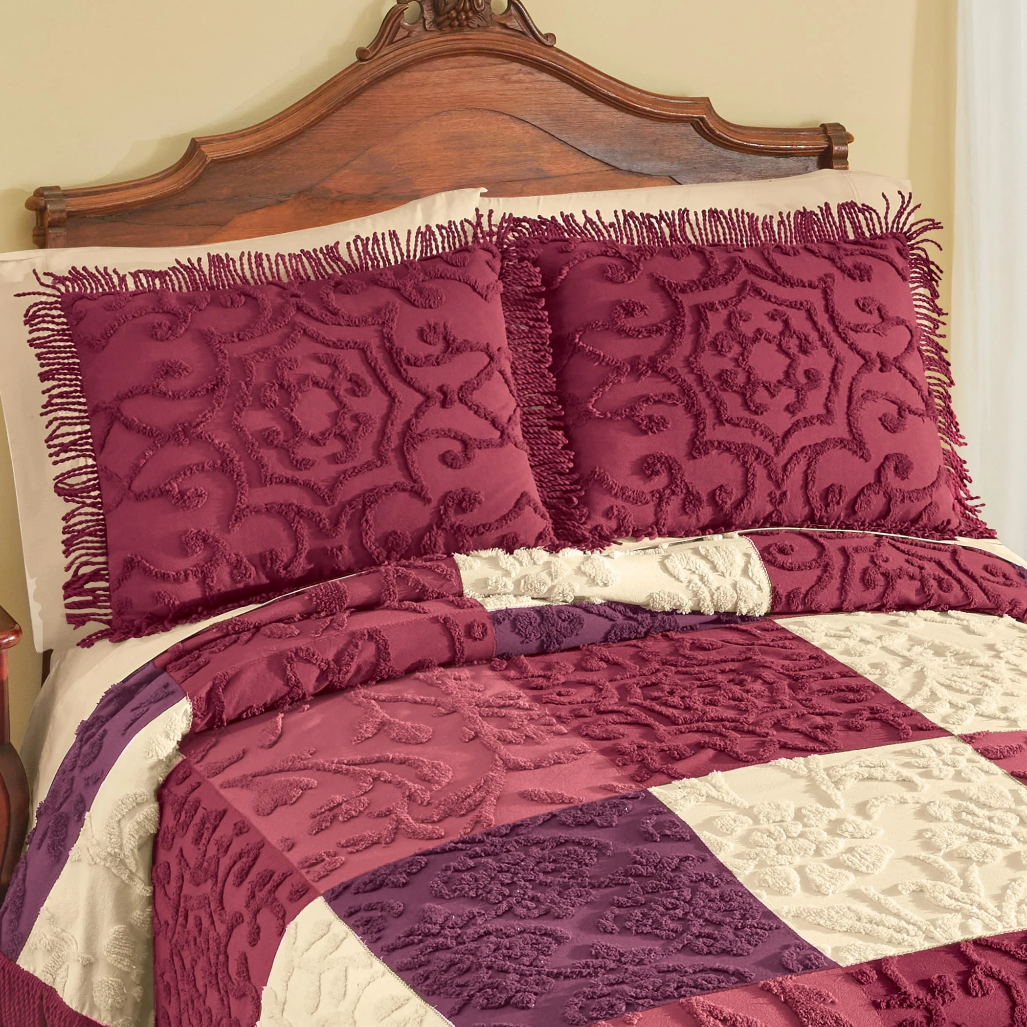 Patchwork Style Textured Chenille Fringe Border Pillow Sham