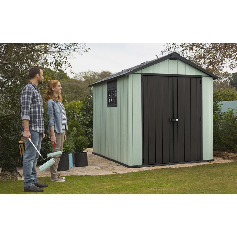 Keter Oakland 7.5x9 ft. Durable Resin Outdoor Storage Shed With Floor and Double Doors for Garden Patio Furniture and Tools, Grey