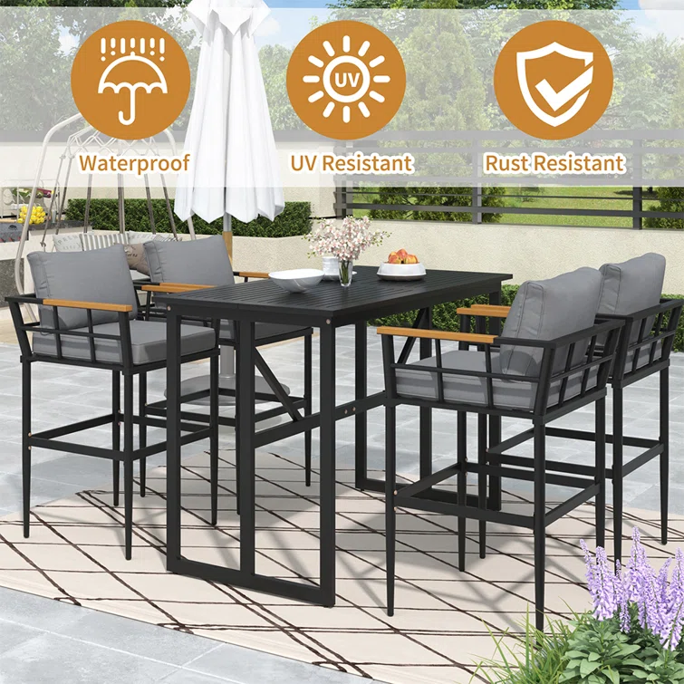 Zakis 5-Piece Outdoor Steel Dining Set with 4 Chairs, Patio Counter-height Bar Set, Cushions