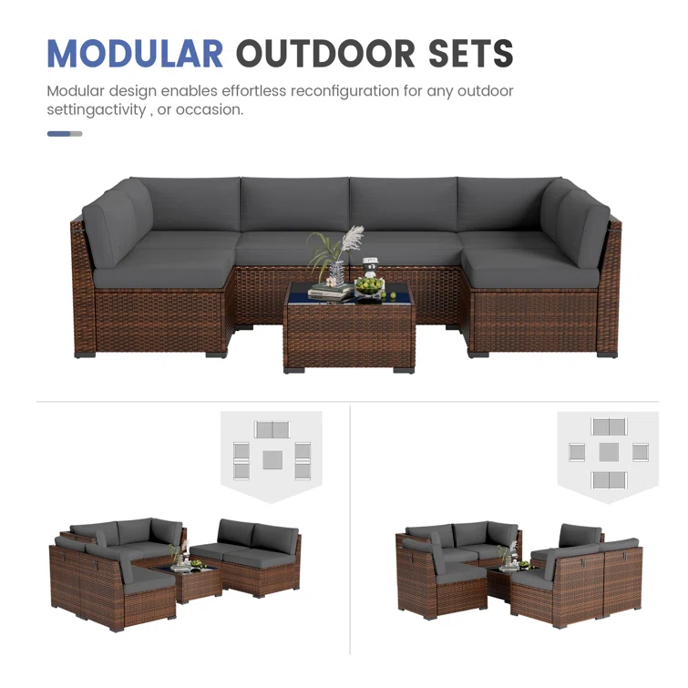 7 Piece Rattan Sectional Seating Group with Cushions