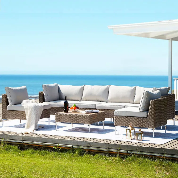 Quadrell 6 - Person Outdoor Wicker Patio Conversation Furniture Set with Optional Fire Pit Table