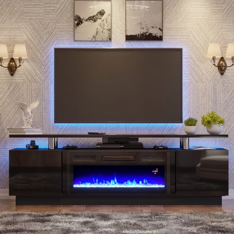 Emyrson High Gloss TV Stand for TVs, Electric Fireplace Included, with 2 Tier TV Console Cabinet