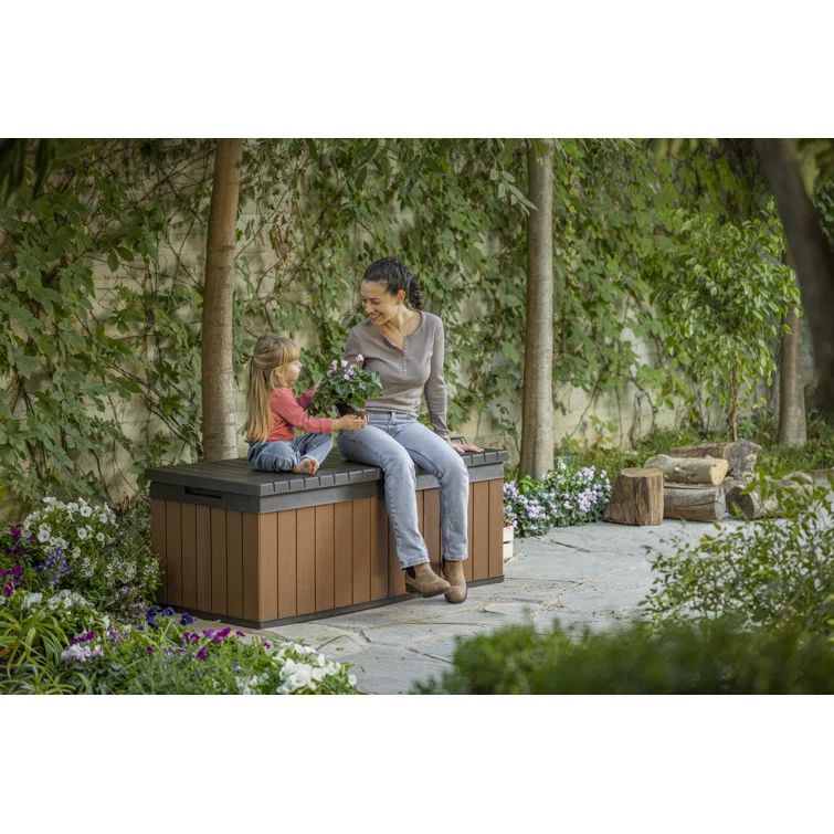 Keter Darwin 100 Gallon Durable Resin Outdoor Storage and Organization Deck Box Ideal For Garden Patio Furniture and Supplies, Brown