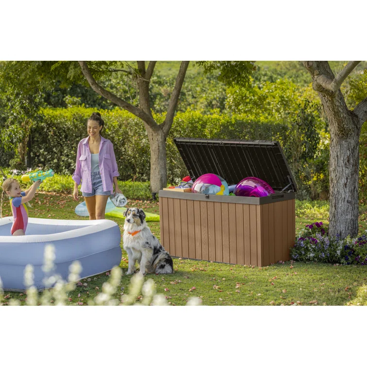 Keter Darwin 150 Gallon Durable Resin Outdoor Storage and Organization Deck Box Ideal For Garden Patio Furniture and Supplies, Brown