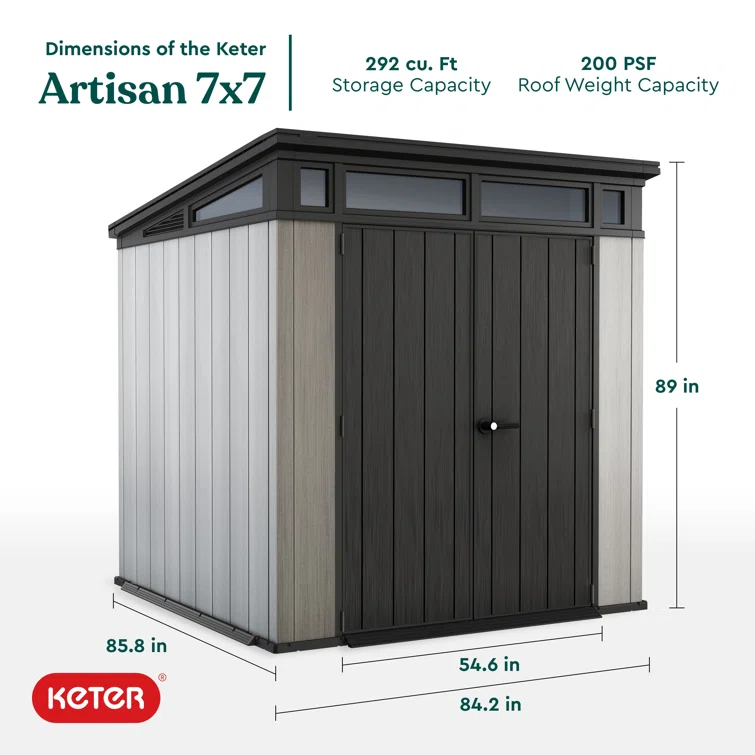 Keter Artisan 7x7 ft. Modern Durable Resin Outdoor Storage Shed With Floor and Double Doors for Garden Patio Furniture and Tools, Grey