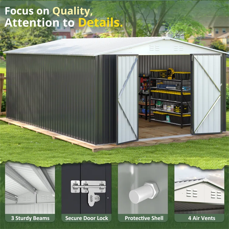 Metal Storage Shed with Updated Frame Structure and Lockable Doors