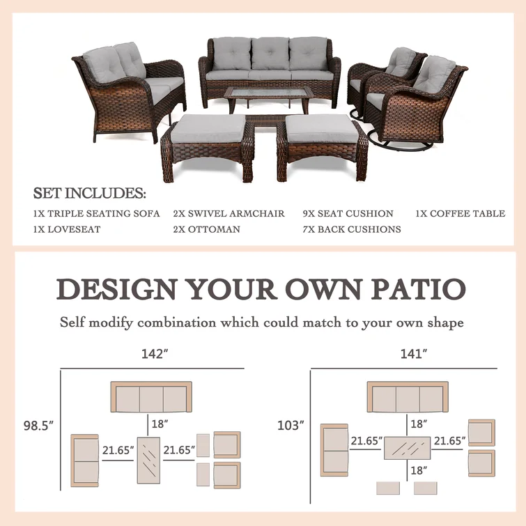 Gurit 9 - Person Outdoor Seating Group with Cushions<!-- --> <!-- -->(Set of 7)