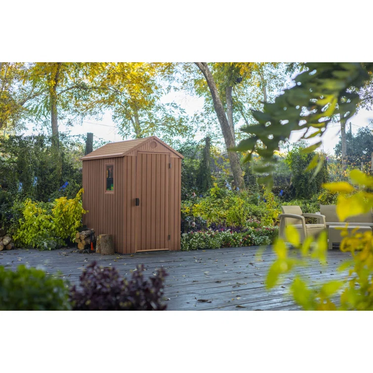 Keter Darwin 6x8 ft. Durable Resin Outdoor Storage Shed With Floor and Double Doors for Garden Patio Furniture and Tools, Brown