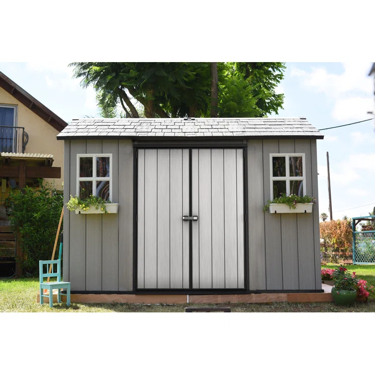 Keter Oakland 11x 7.5 ft. Durable Resin Outdoor Storage Shed With Floor and Double Doors for Garden Patio Furniture and Tools, Grey