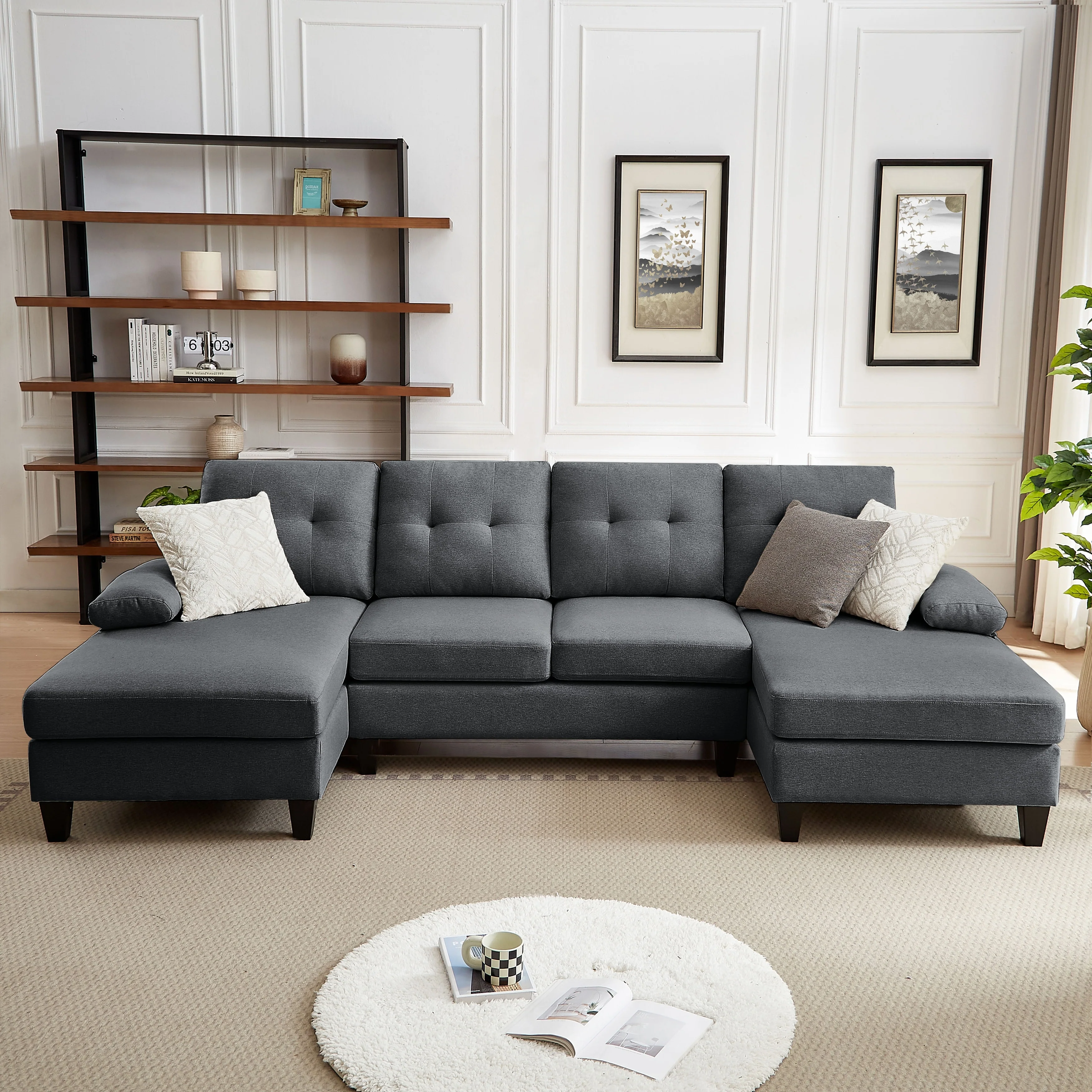 4 Seat U Shaped Sectional Sofa Couch with Double Chaise for Living Room