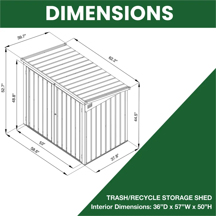 5 ft. 2 in. W x 3 ft. 4 in. D Metal Horizontal Garbage Shed