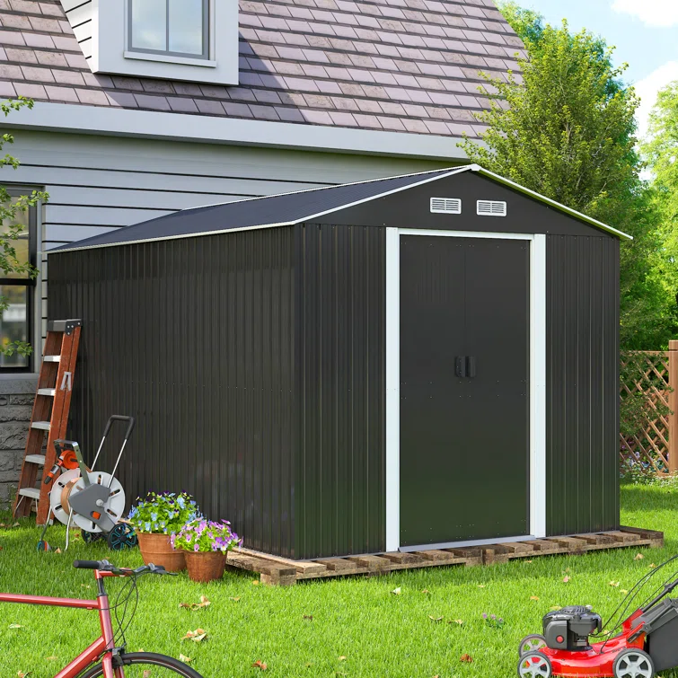 8 ft. W x 12 ft. D Metal Storage Shed, Tool Garden Shed, Outdoor Storage House with Lockable Sliding Doors and Vents for Garden, Backyard, or Other Outdoor Use, Charcoal Black