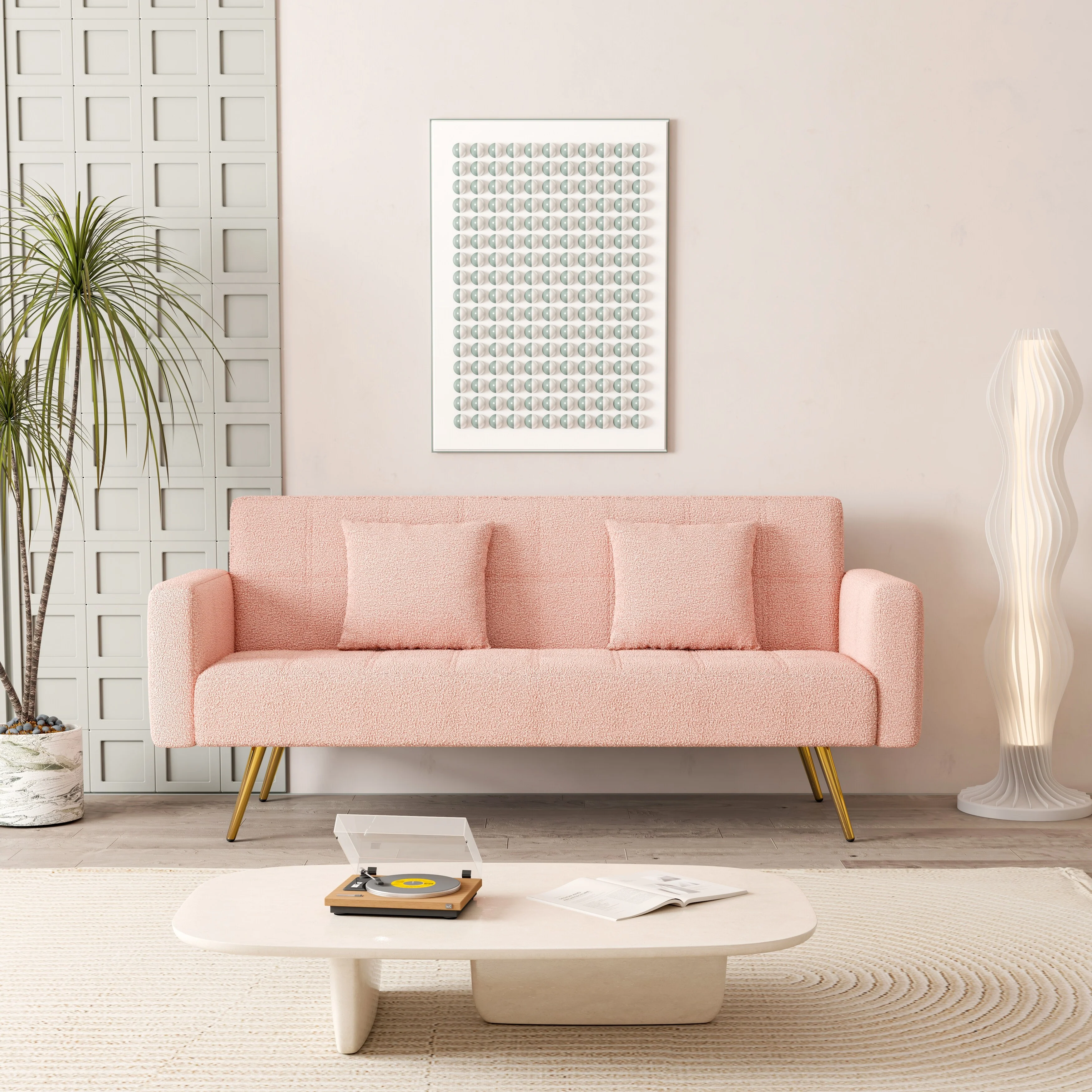 Pink Teddy Fleece Sofa Bed with Two Throw Pillows - 31.10 x 71.70 x 31.89