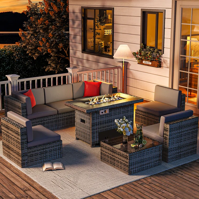 Caradog Wicker 6 - Person Patio Conversation Sets with Cushions Coffee Table and Fire Pit